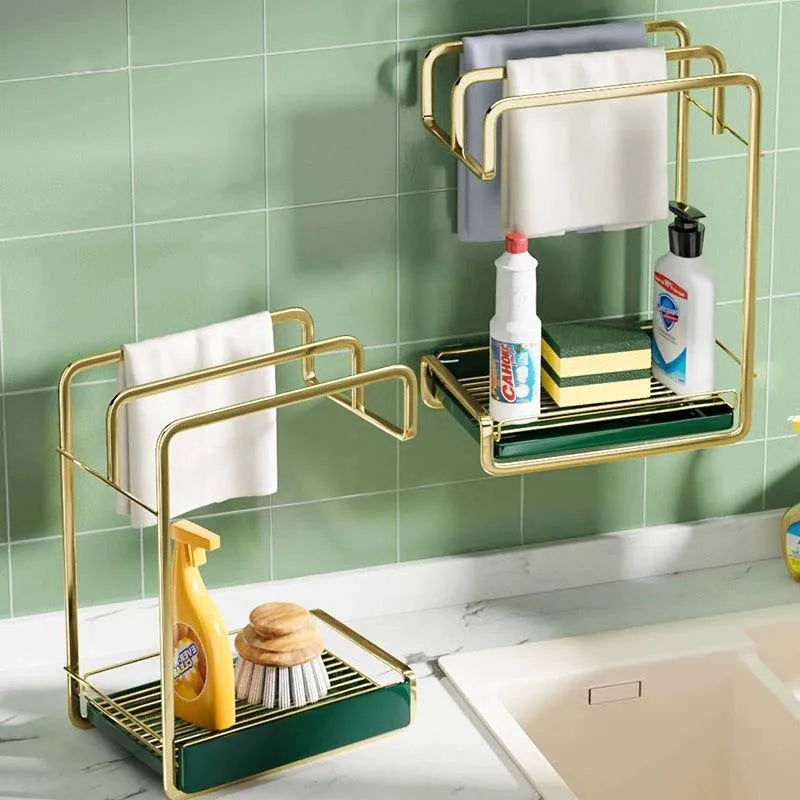 Sponge Holder Wall Mounted Kitchen Organizer Dish Drainer Brush Soap Rack With Drain Tray Rag Rack Bathroom Kitchen Accessories