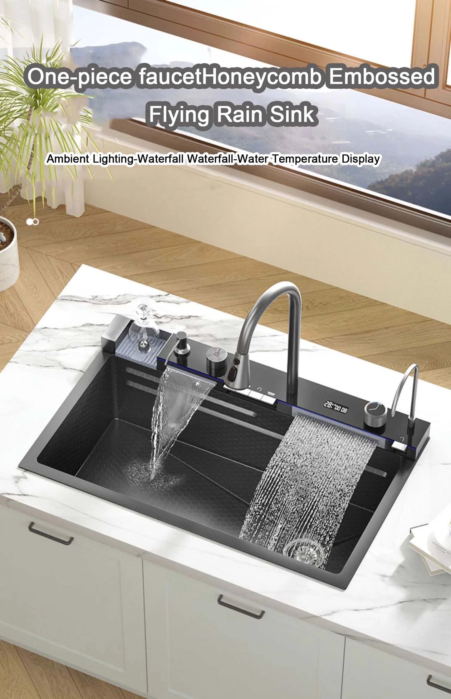 Home Finds - Cocina Integrated Waterfall Kitchen Sink Honeycomb Technology Large Digitial Display Stainless Steel Soap Dispenser Cup Washer