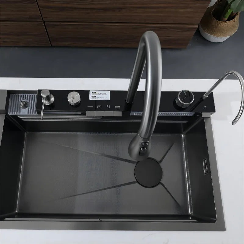 Home Finds - Cocina Integrated Waterfall Kitchen Sink Honeycomb Technology Large Digitial Display Stainless Steel Soap Dispenser Cup Washer