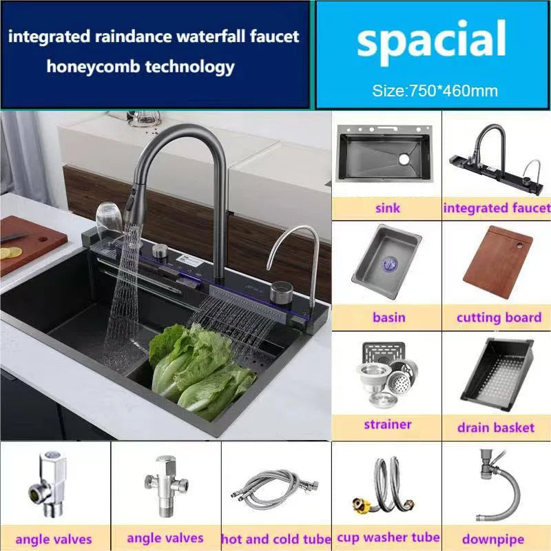 Home Finds - Cocina Integrated Waterfall Kitchen Sink Honeycomb Technology Large Digitial Display Stainless Steel Soap Dispenser Cup Washer