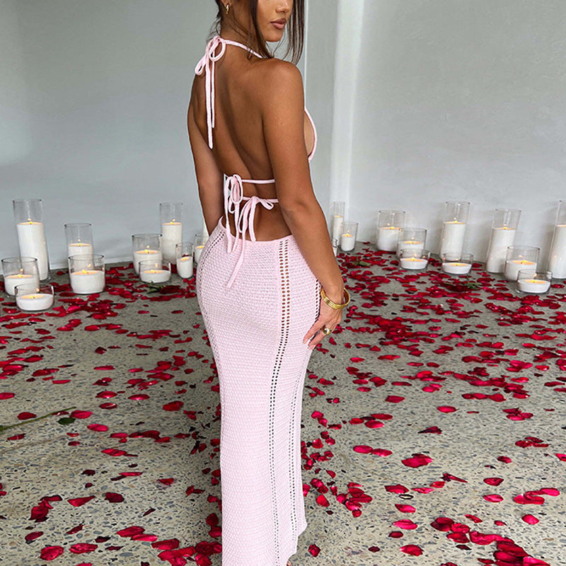 Sexy Backless Halter Long Dress V-neck Hollow Splicing Package Hip Skirt