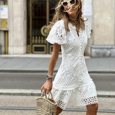 Women's Lace Package Hip Short Sleeve Dress