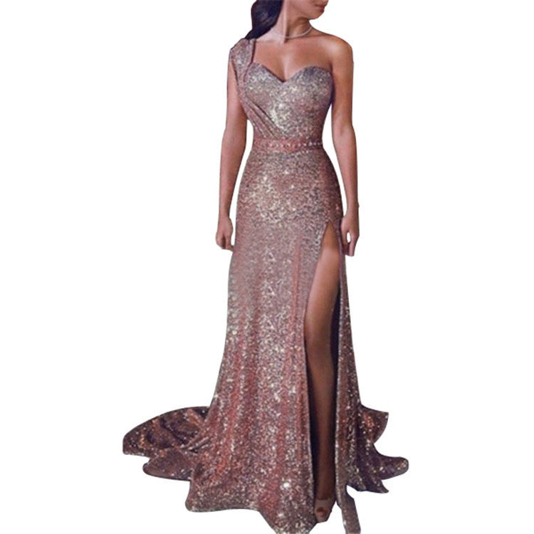 One-shoulder Glitter Split Dress
