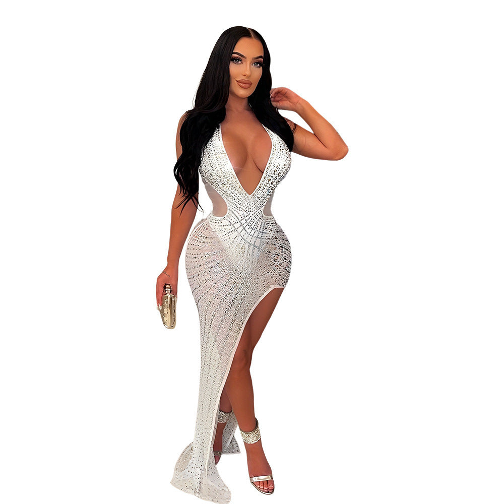 Mesh Rhinestone Halter Asymmetric Skirt