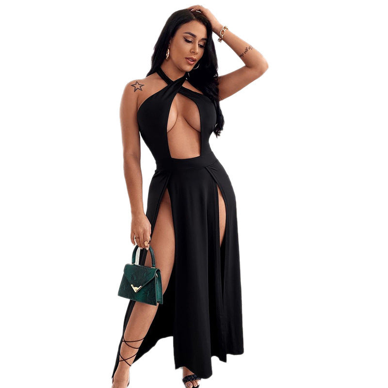 New Solid Color Halter Nec Navel Back Hollow Dress Women