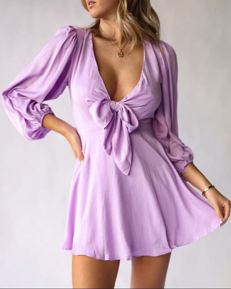 Women's Solid Color Deep V Tie Lantern Sleeve Dress