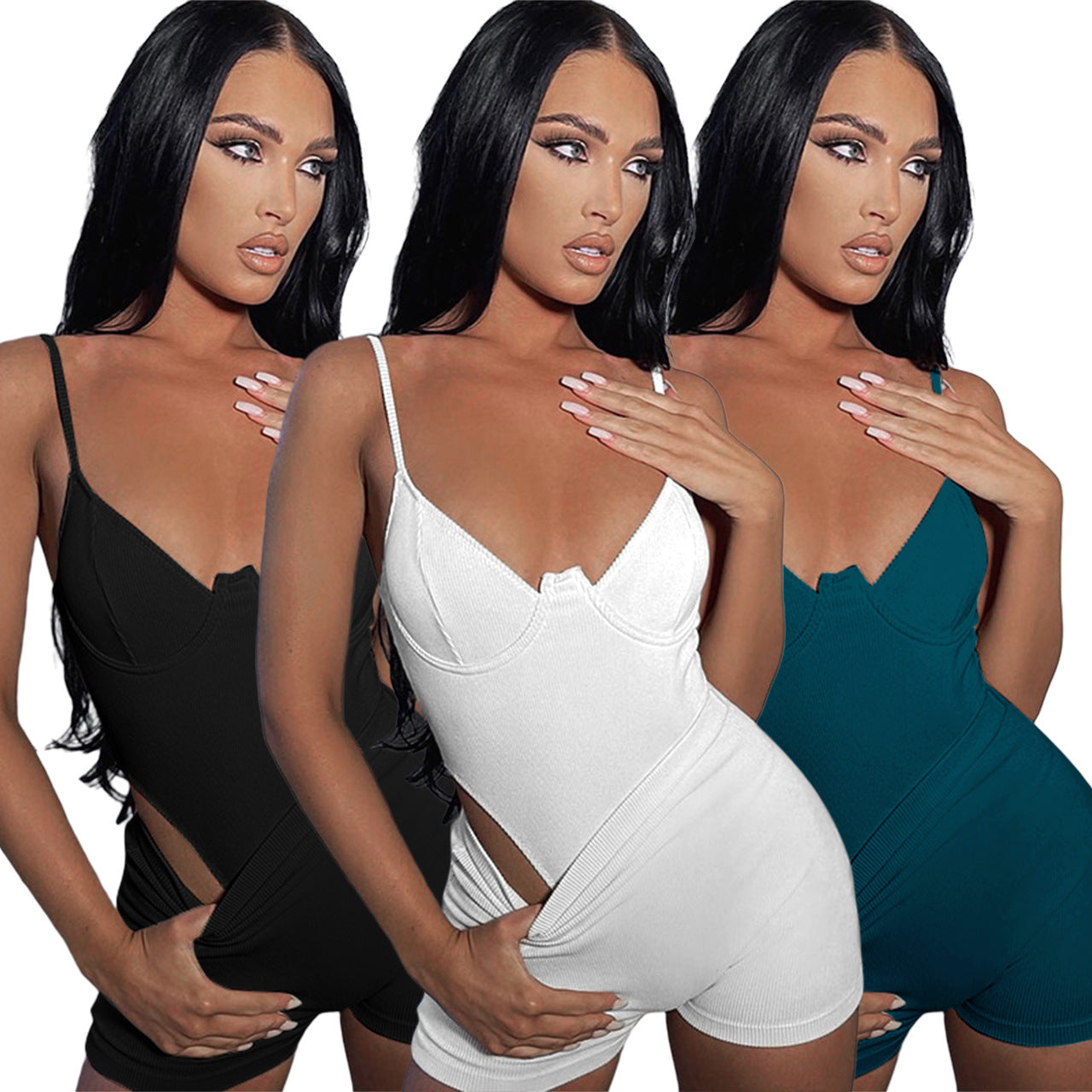 Solid Color Ribbed Suspender Jumpsuit  Casual Shorts Two-piece Set