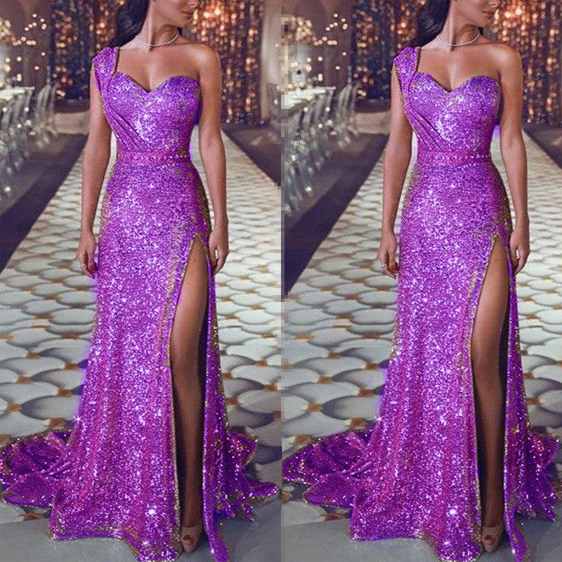 One-shoulder Glitter Split Dress