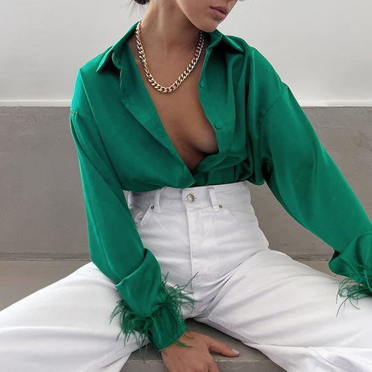Europe And The United States Fashion Casual Shirt Hundred With Women's Ice Silk Feathers Stitching Design Sense Ostrich Feathers