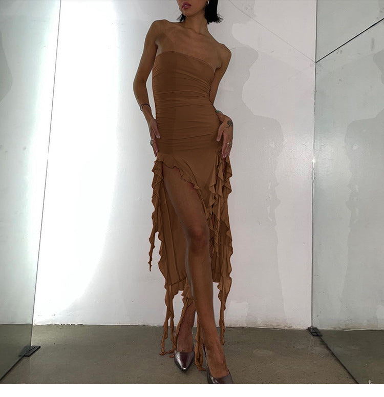 Women's Slit Ruffled Tube Top Dress