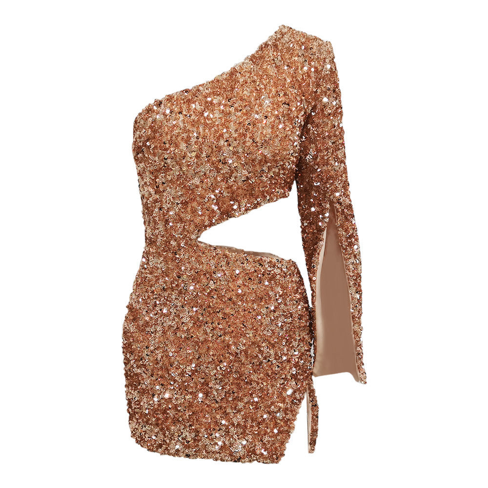 Women's Fashionable Sequins Shoulder High Waist Hollow-out Dress