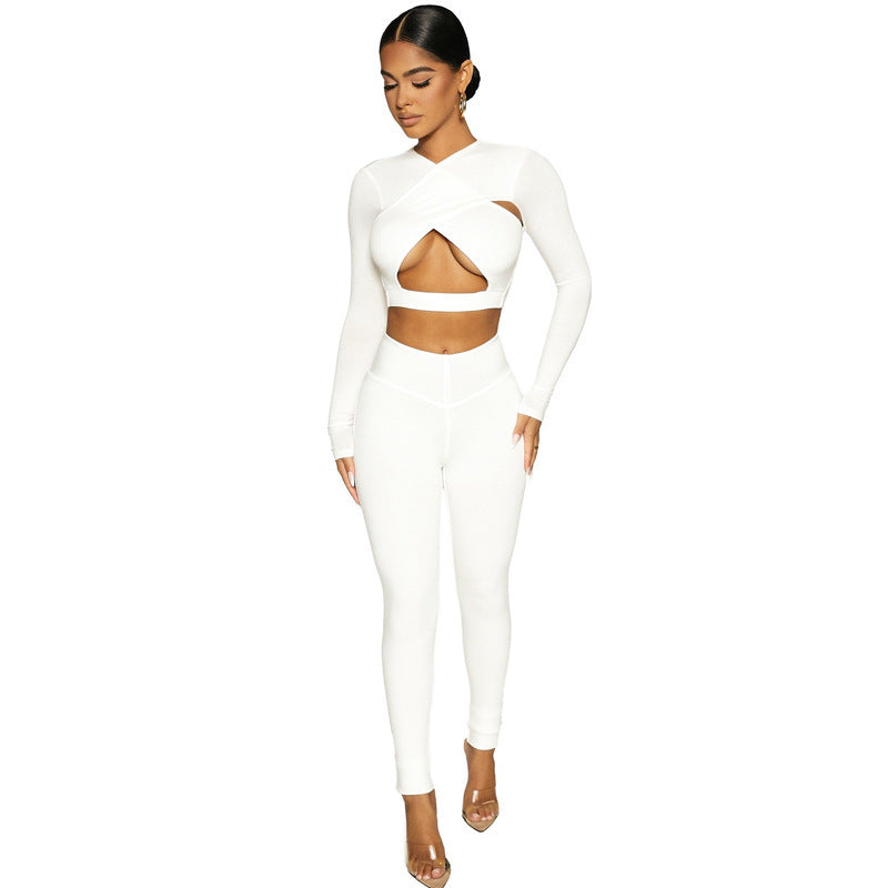Hollow Cross Solid Color Long Sleeved High Waist Skinny Sports And Leisure Suit