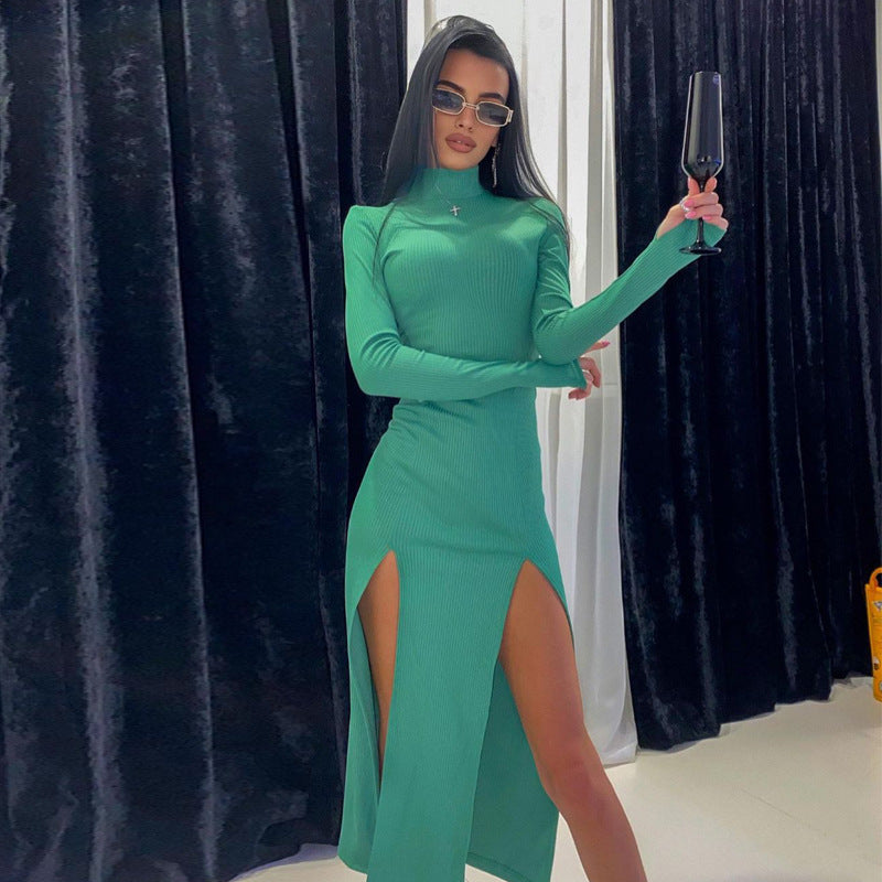 High Neck Long Sleeve High Slit Irregular Slim-fit Midi Dress In Stock Wholesale