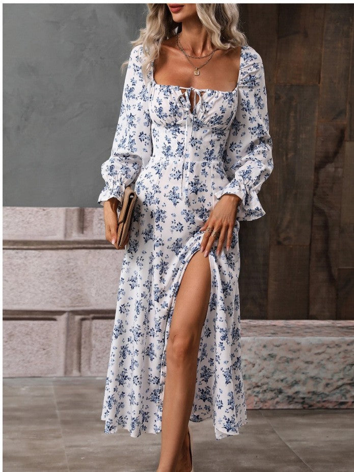 Women's Printing Long Sleeve Square-neck Bottom Slit Dress