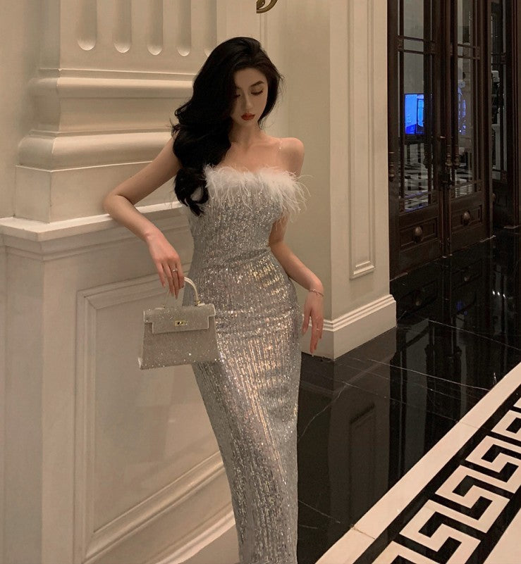 Women's High-class Feather Stitching Sequin Dress