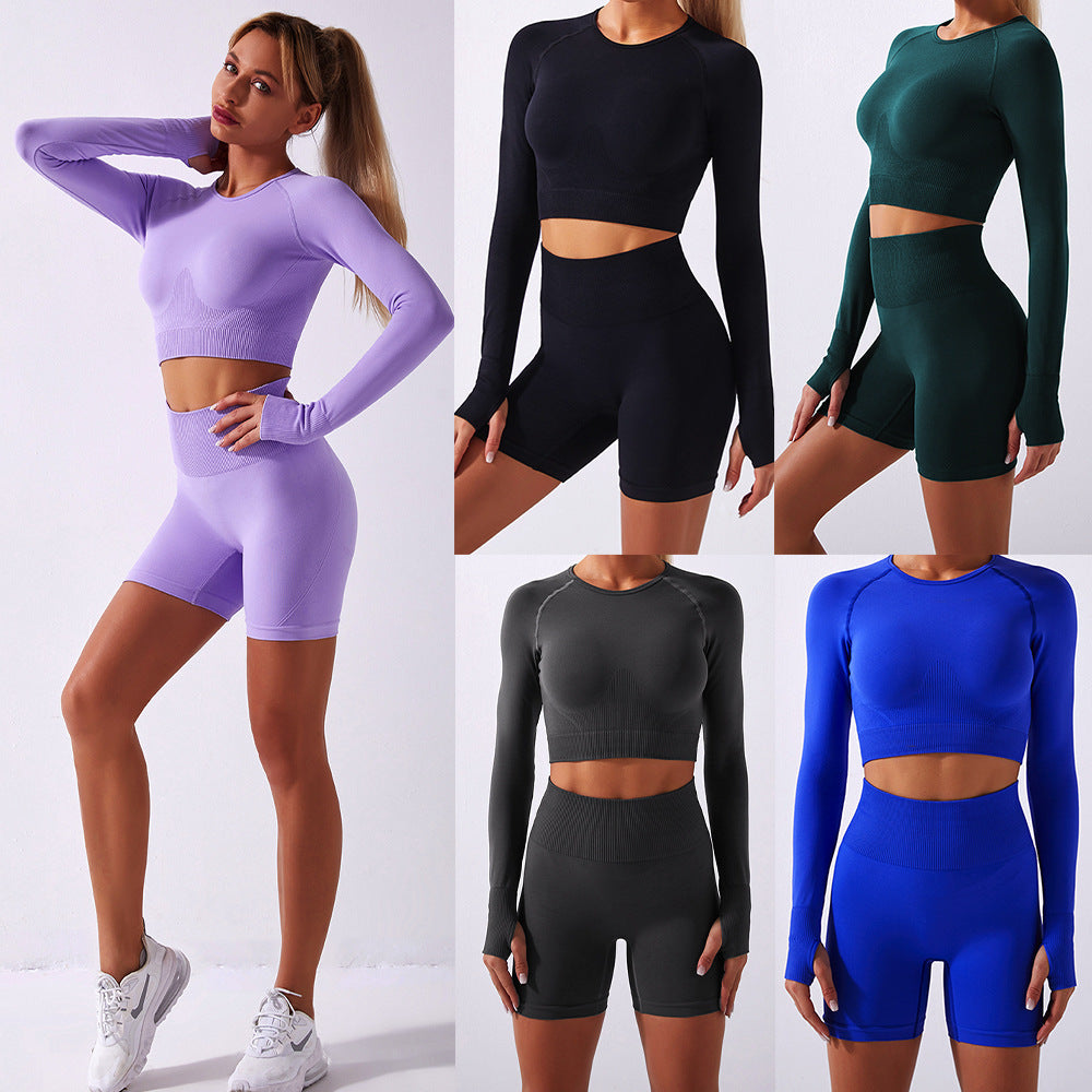 Seamless Long-sleeved Coat Bum Lift Shorts Women's Yoga Suit